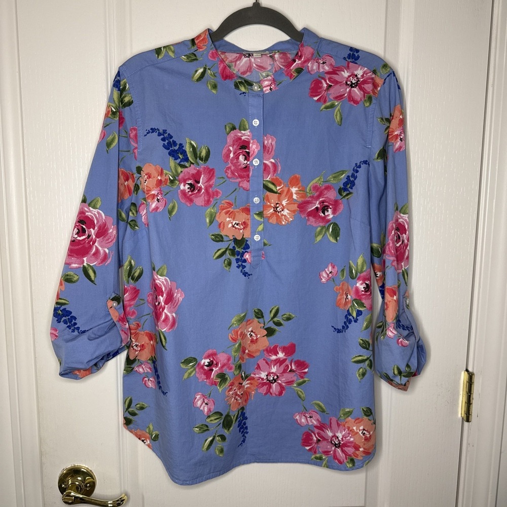 Talbots Women's L Blue Floral Popover Blouse Tunic 3/4 Sleeve Cotton Spring